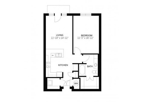 Floor plan for 1 bed, 1 bath, 770 sqft