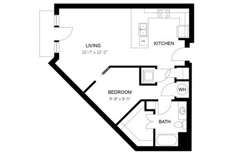 Floor plan for 1 bed, 1 bath, 676 sqft