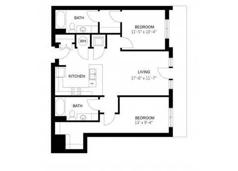 Floor plan for 2 beds, 2 baths, 976 sqft