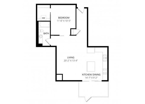 Floor plan for 1 bed, 1 bath, 740 sqft