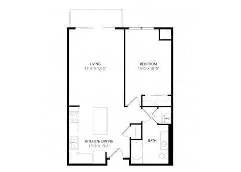 Floor plan for 1 bed, 1 bath, 692 sqft