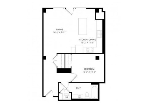 Floor plan for 1 bed, 1 bath, 702 sqft
