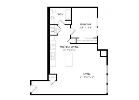 Floor plan for 1 bed, 1 bath, 834 sqft