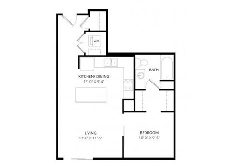 Floor plan for 1 bed, 1 bath, 569 sqft