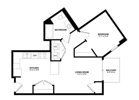 Floor plan for 1 bed, 1.3 baths, 663 sqft