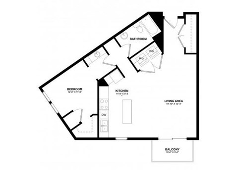 Floor plan for 1 bed, 1.3 baths, 802 sqft
