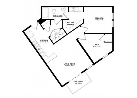 Floor plan for 1 bed, 1.3 baths, 824 sqft
