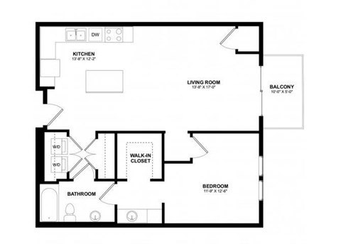 Floor plan for 1 bed, 1.3 baths, 775 sqft