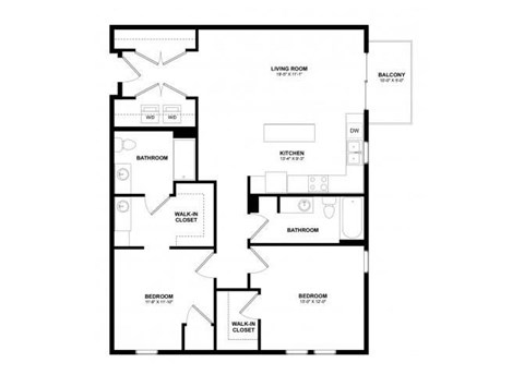 Floor plan for 2 beds, 2.3 baths, 1088 sqft
