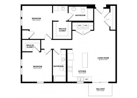 Floor plan for 2 beds, 2.3 baths, 1115 sqft