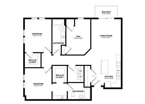 Floor plan for 2 beds, 2.3 baths, 1340 sqft