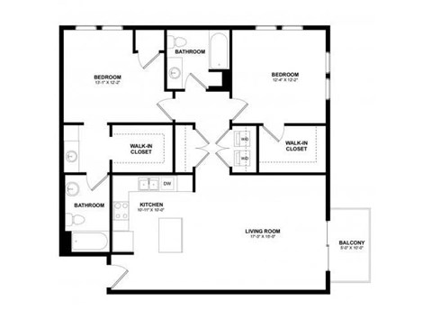 Floor plan for 2 beds, 2.3 baths, 1144 sqft