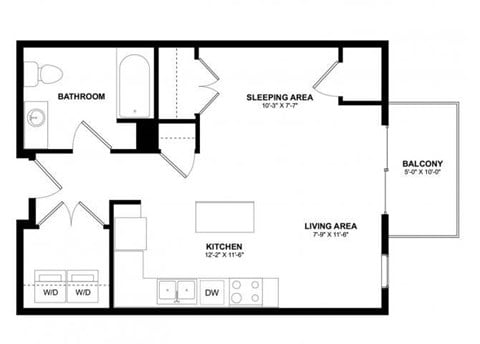 Floor plan for studio, 1 bath, 505 sqft