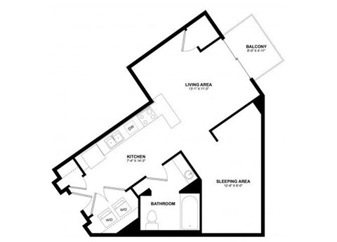 Floor plan for studio, 1 bath, 536 sqft