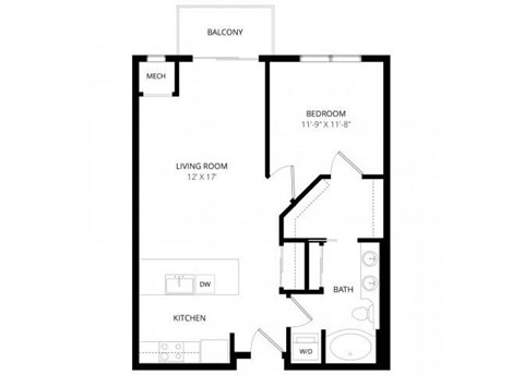 Floor plan for 1 bed, 1 bath, 746 sqft