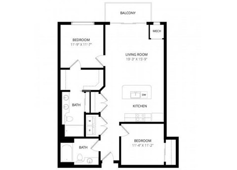 Floor plan for 2 beds, 2 baths, 1048 sqft