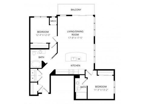 Floor plan for 2 beds, 2 baths, 1161 sqft