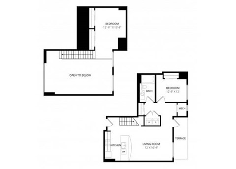 Floor plan for 2 beds, 1 bath, 995 sqft