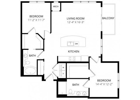 Floor plan for 2 beds, 2 baths, 1205 sqft