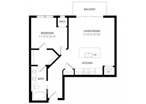 Floor plan for 1 bed, 1 bath, 760 sqft
