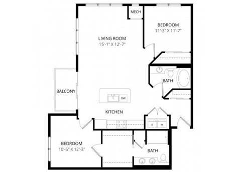 Floor plan for 2 beds, 2 baths, 1153 sqft