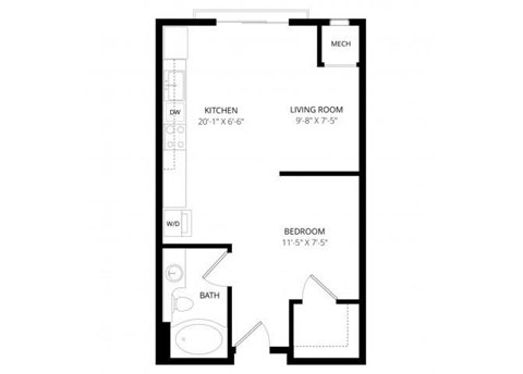 Floor plan for studio, 1 bath, 557 sqft