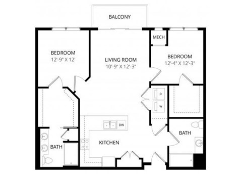 Floor plan for 2 beds, 2 baths, 1120 sqft