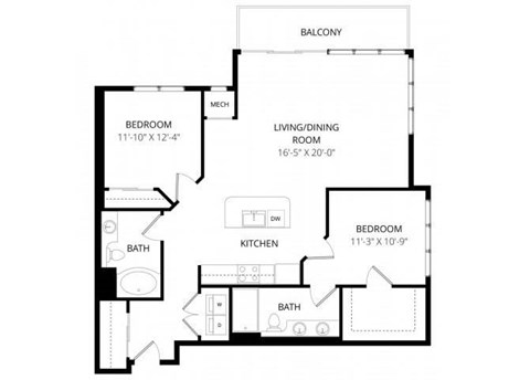Floor plan for 2 beds, 2 baths, 1224 sqft