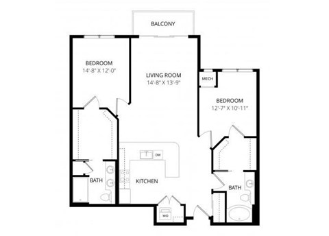 Floor plan for 2 beds, 2 baths, 1230 sqft