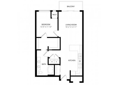 Floor plan for 1 bed, 1 bath, 866 sqft
