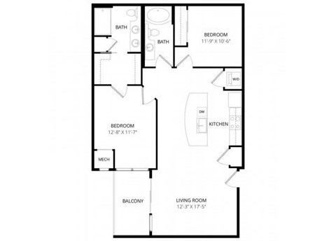 Floor plan for 2 beds, 2 baths, 1067 sqft