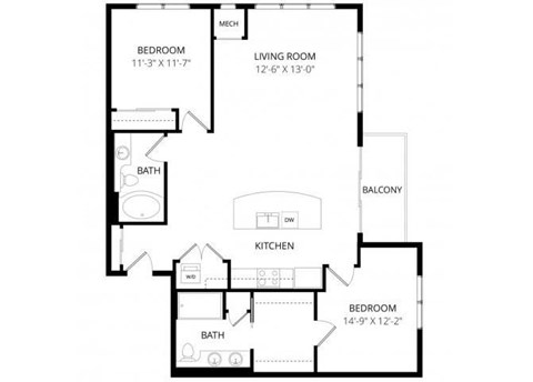 Floor plan for 2 beds, 2 baths, 1186 sqft