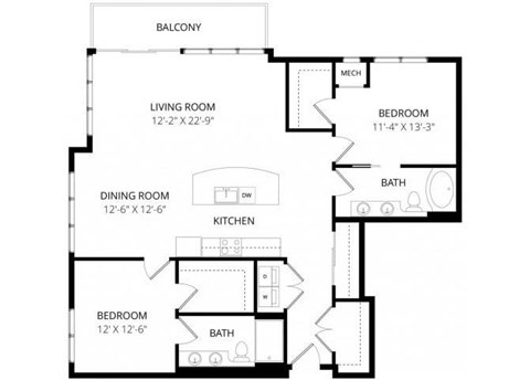 Floor plan for 2 beds, 2 baths, 1406 sqft