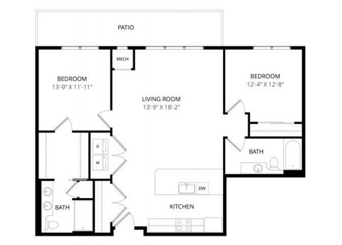 Floor plan for 2 beds, 2 baths, 1210 sqft