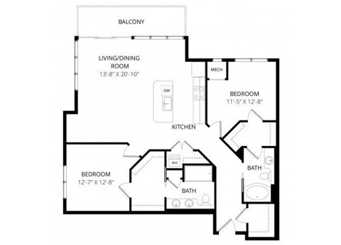 Floor plan for 2 beds, 2 baths, 1218 sqft