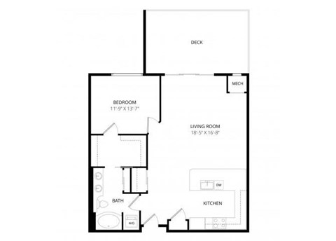 Floor plan for 1 bed, 1 bath, 922 sqft