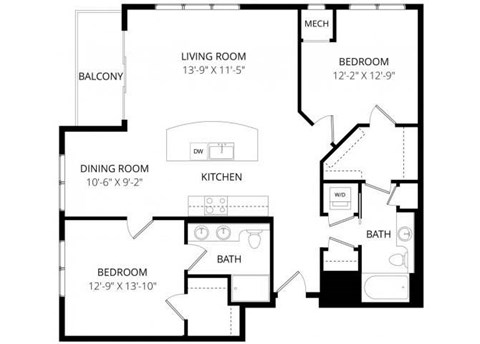 Floor plan for 2 beds, 2 baths, 1180 sqft