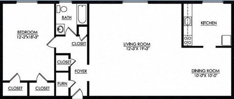 Floor plan for 1 bed, 1 bath, 790 sqft