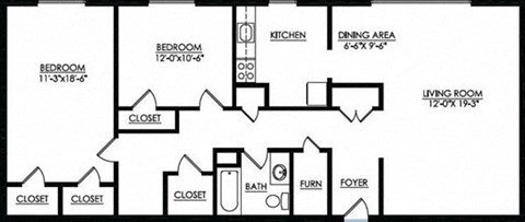 Floor plan for 2 beds, 1 bath, 1030 sqft