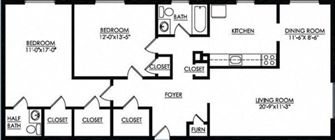 Floor plan for 2 beds, 1.5 baths, 1100 sqft