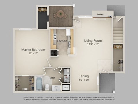 Floor plan for 1 bed, 1 bath, 835 sqft