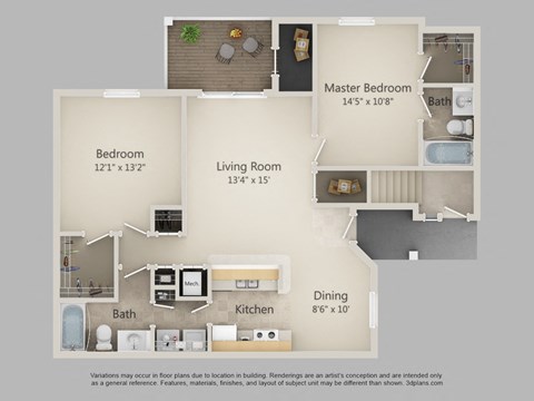 Floor plan for 2 beds, 2 baths, 1056 sqft