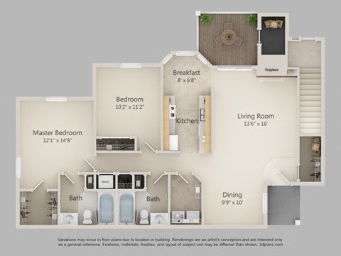 Floor plan for 2 beds, 2 baths, 1160 sqft