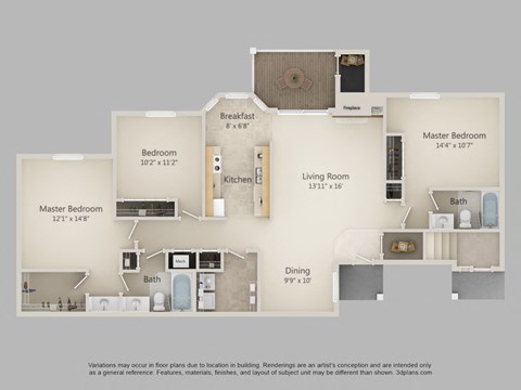 Floor plan for 3 beds, 2 baths, 1402 sqft
