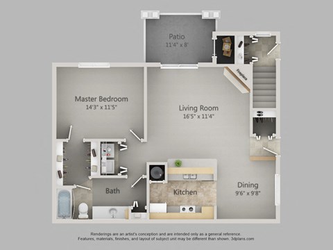 Floor plan for 1 bed, 1 bath, 912 sqft