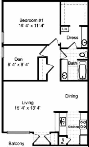 Floor plan for 1 bed, 1 bath, 908 sqft