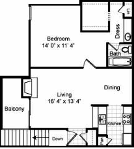 Floor plan for 1 bed, 1 bath, 766 sqft