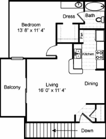 Floor plan for 1 bed, 1 bath, 656 sqft