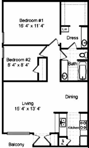 Floor plan for 2 beds, 1 bath, 908 sqft