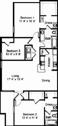 Floor plan for 3 beds, 2 baths, 1255 sqft